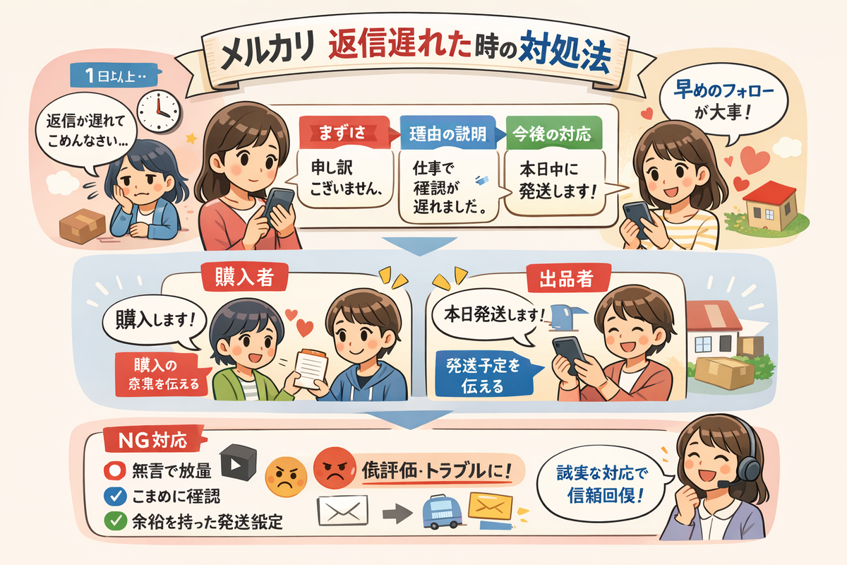メルカリで返信が遅くなったときの謝罪例文｜低評価を防ぐ対処法まとめ