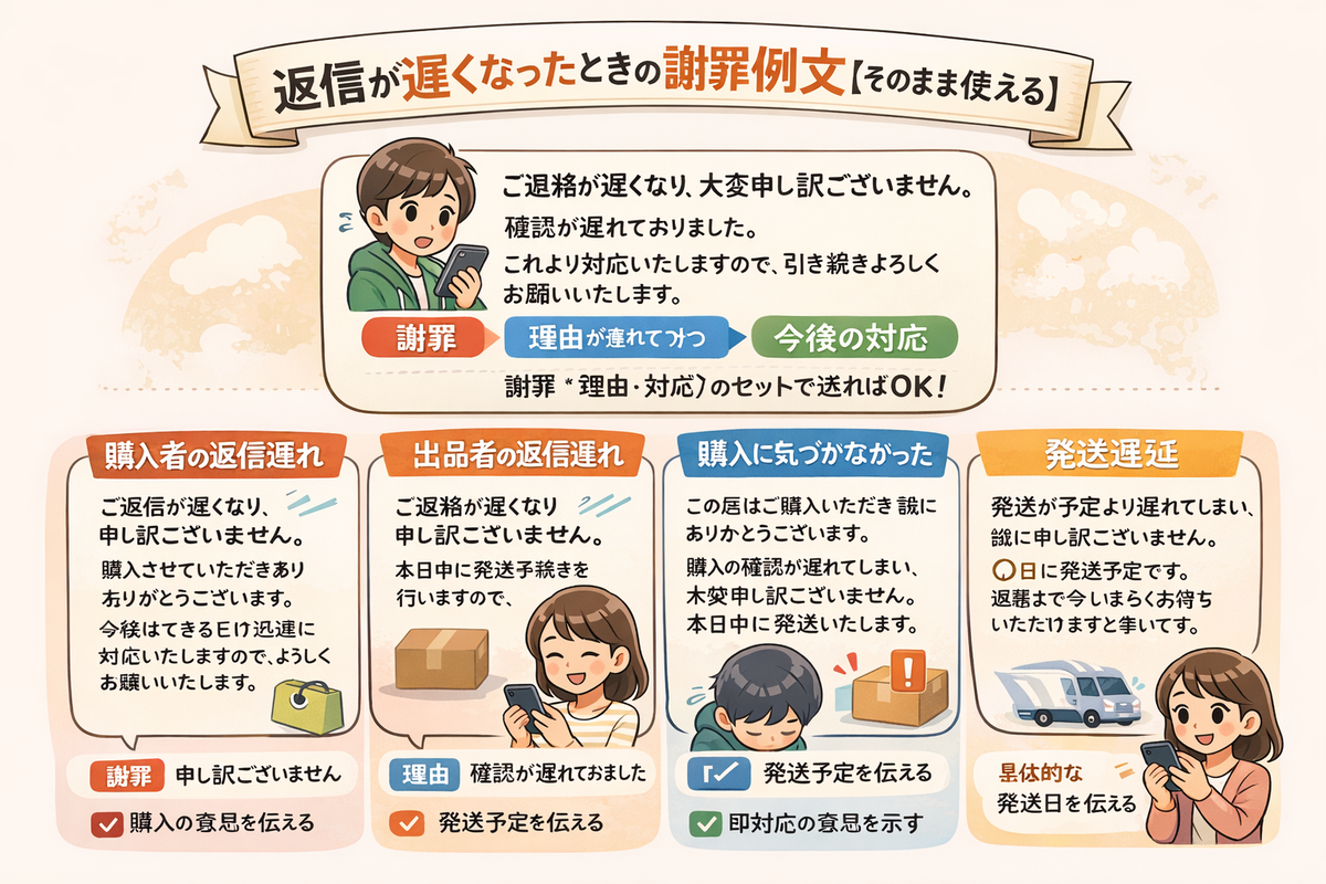 メルカリで返信が遅くなったときの謝罪例文｜低評価を防ぐ対処法まとめ