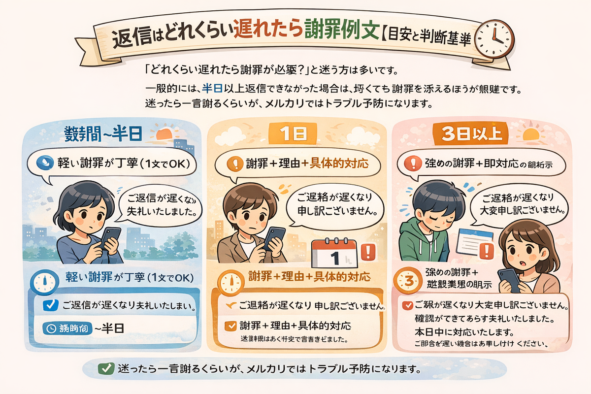メルカリで返信が遅くなったときの謝罪例文｜低評価を防ぐ対処法まとめ