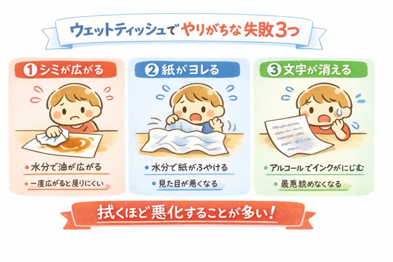 ウェットティッシュで油染みが広がった紙