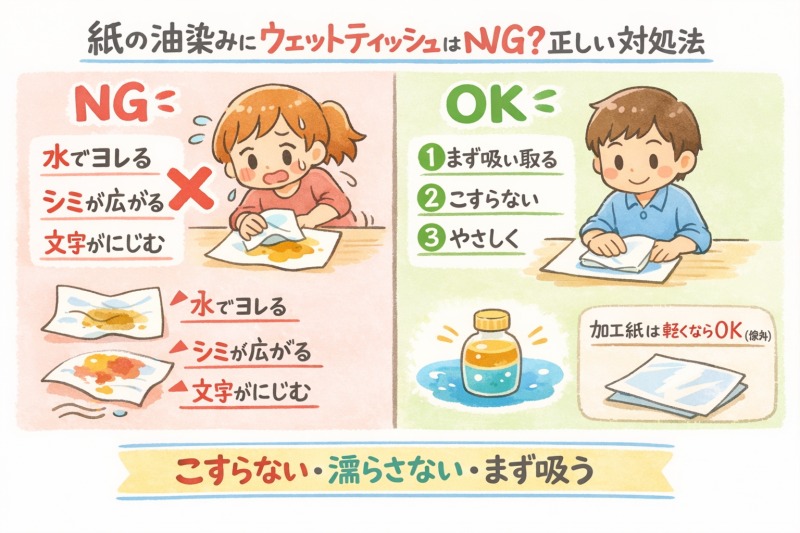 紙に油染みができて困っている様子