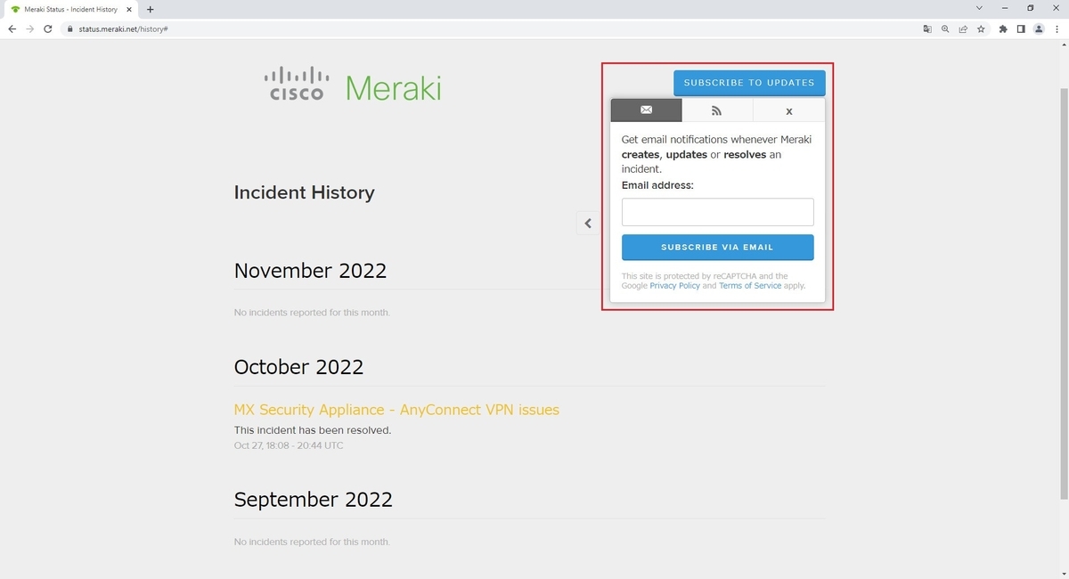 Meraki Cloudの深刻な障害状況を確認するためのMeraki Status Page My Home NW Lab