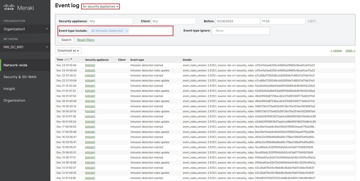 Meraki MXのIDS/IPSにおけるルール更新はEvent logから確認可能 My Home NW Lab
