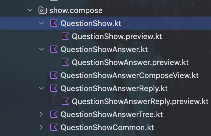 QuestionShow.preview.ktをQuestionShow.ktに、QuestionShowAnswer.preview.ktをQuestionShowAnswer.ktにそれぞれネスティングした結果のファイルツリーのスクリーンショット
