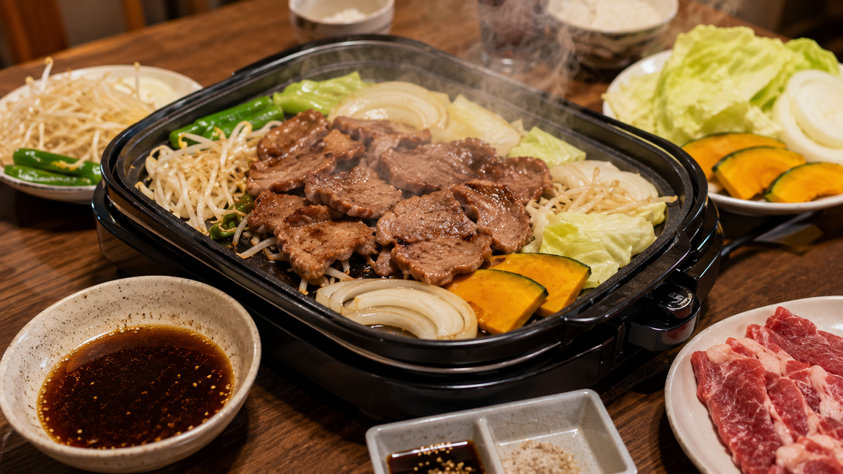 ホットプレートで焼き上がるジンギスカンお取り寄せの本格的な食卓