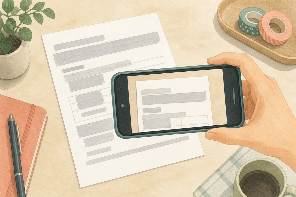 書類の個人情報を隠してから必要な部分だけ撮影するイラスト