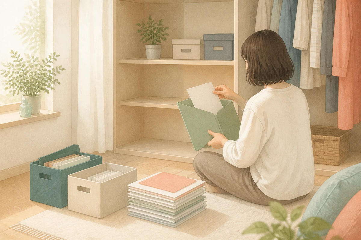 箱や書類を前に少しずつ片付けを進めるイラスト
