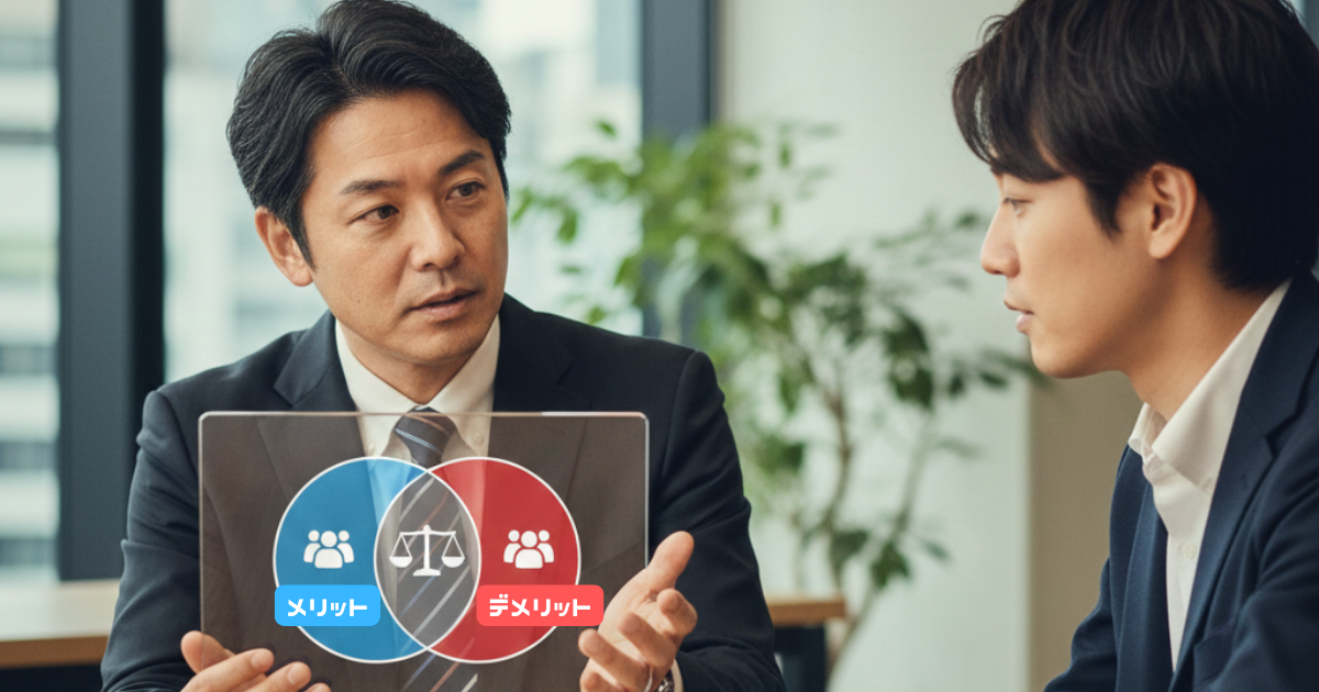 転職エージェントの忖度なしのメリット・デメリットを伝える様子