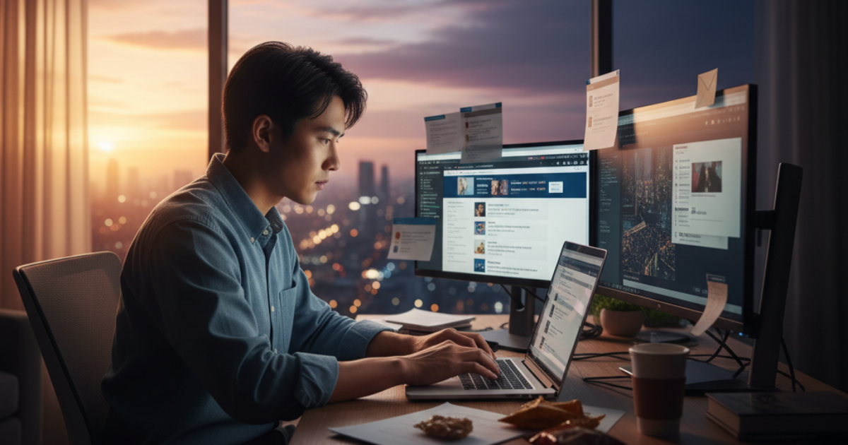 転職エージェントのメール対応をして日が暮れてしまう様子