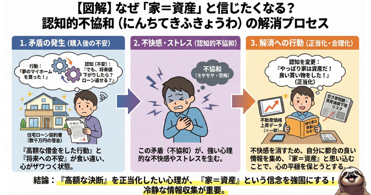 「家＝資産」と信じたくなるという認知的不協和の解消のわかりやすい図