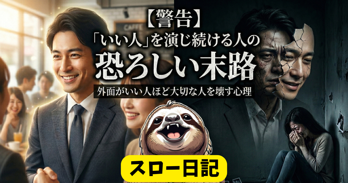 【警告】「いい人」を演じる人の恐ろしい末路を描いたアイキャッチ画像:外では周囲に愛想を振りまく完璧な人間(左)が、ストレスの限界を迎えて仮面が割れ、家庭内では最も大切な人を泣かせ傷つける冷酷な姿(右)に変わってしまう「外面がいい人」の心理的な闇を表現したイラスト