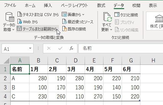 テーブルからクエリの作成