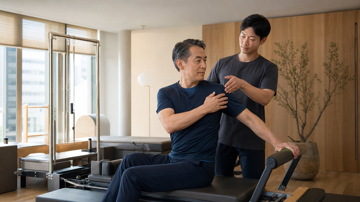 肥後橋のスタジオで呼吸と胸郭の動きを確認するドクターとトレーナー