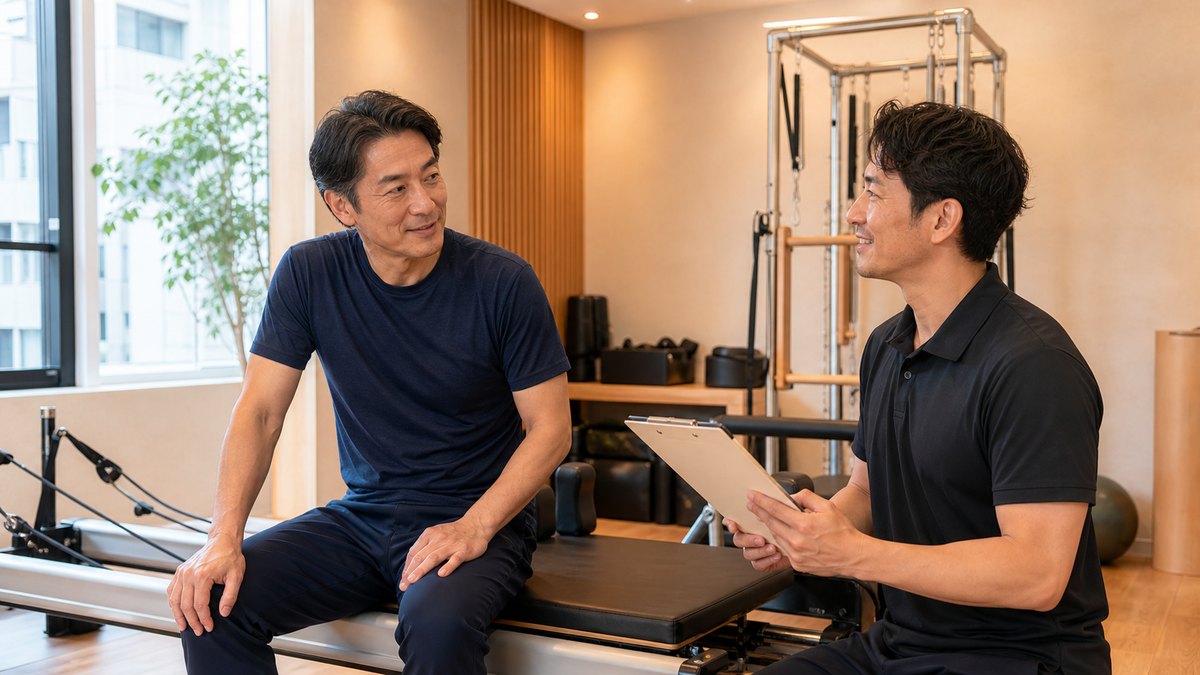 肥後橋のパーソナルピラティス初回相談でトレーナーと話す経営者