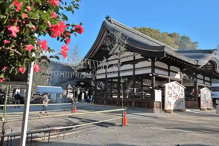 藤森神社では山茶花が満開になっていました。この横では穴の中でたき火が焚かれていて、暖かくて助かりました。