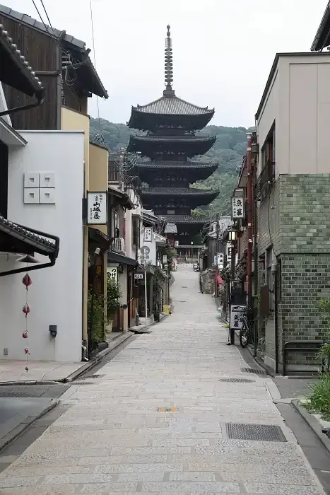 東大路通から八坂の塔までの石畳の道を夢見坂と言います。須田国太郎が描いた「法観寺塔」の構図です。