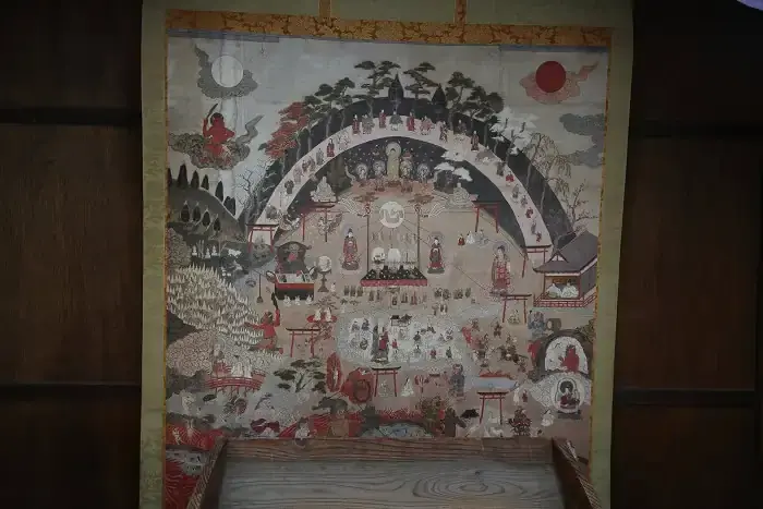 裏門近くには人の一生の姿と下層(地獄)から上層(天界)までの十界を描いた熊野観心十界図が展示されています。