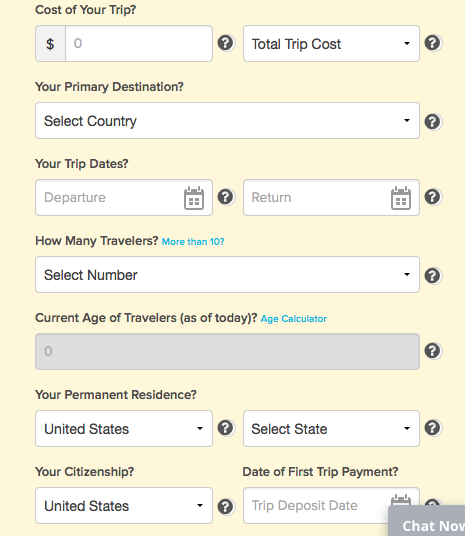 Travel Insuranceの見積もり入力欄の画像