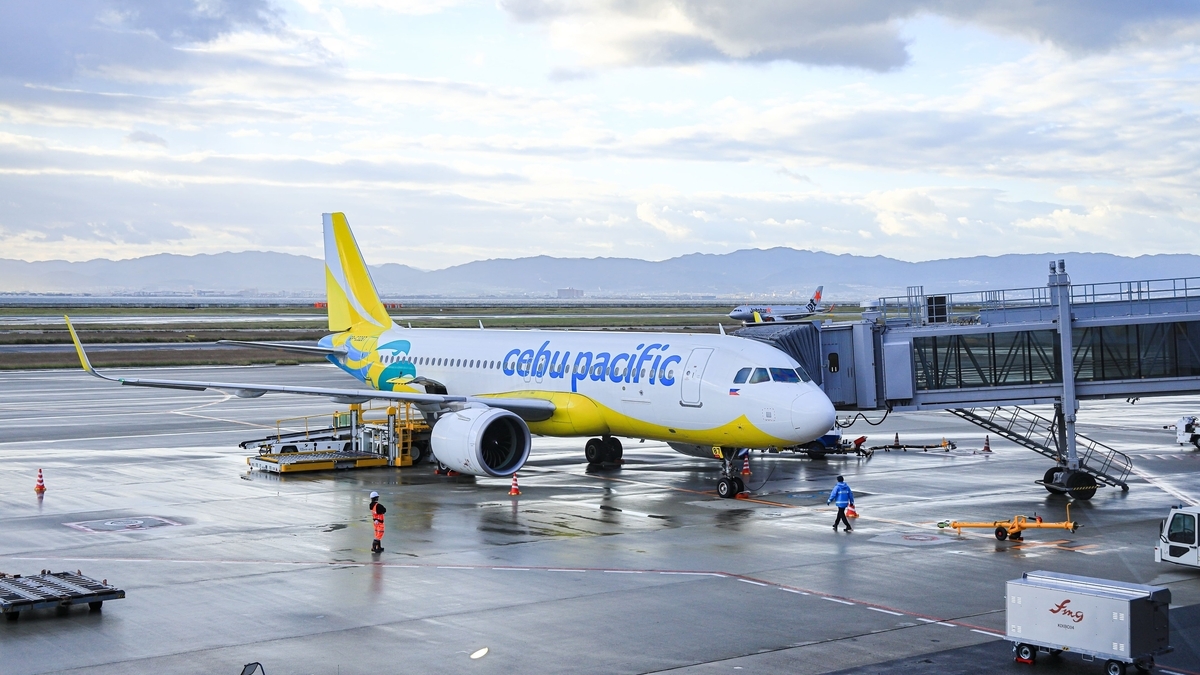 雨上がりの濡れた駐機場に停まる、黄色と青のラインが入ったセブパシフィック航空機と、機体に接続されたボーディングブリッジ