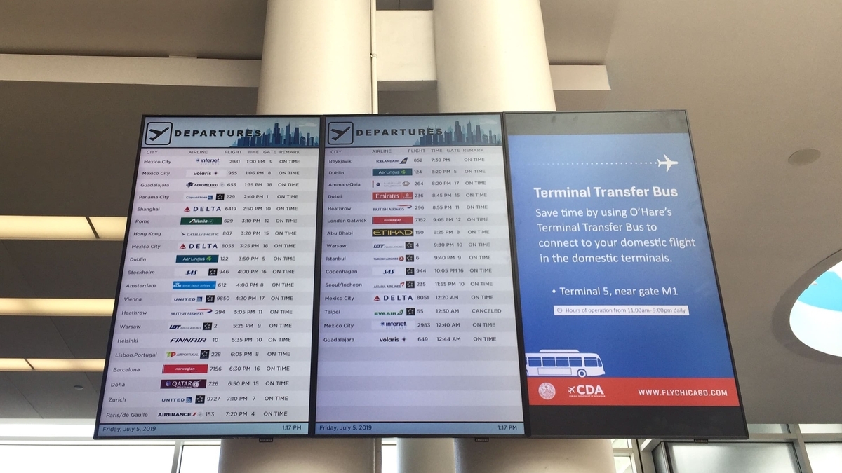 オヘア空港内に設置されたフライトスケジュール画面。左側2枚には出発便のリストが表示され、右側の青い画面には「Terminal Transfer Bus」の案内テキストとバスのイラスト、CDAロゴが写っている