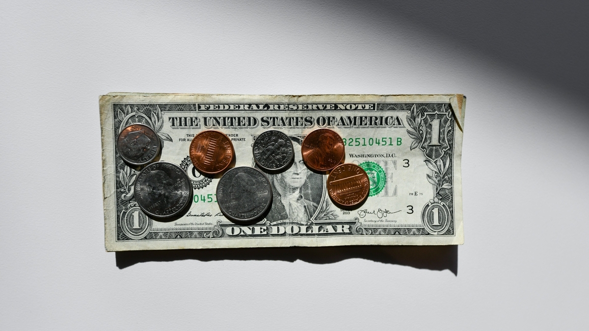 1ドル紙幣の上に、クォーターやペニーなど数種類の異なるアメリカ合衆国の硬貨がランダムに並べられ、白い背景に置かれている様子