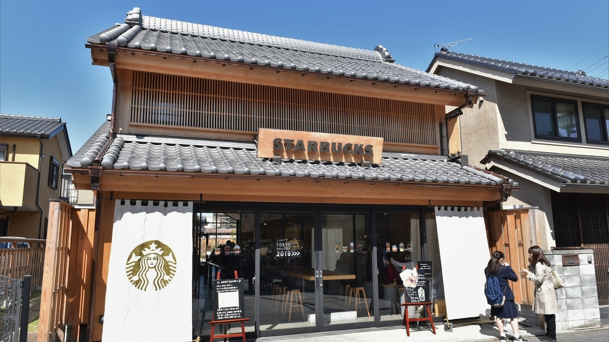 瓦屋根の伝統的な日本家屋の店舗で、木の看板に「STARBUCKS」の文字が掲げられ、白い暖簾に金色のロゴが描かれている外観