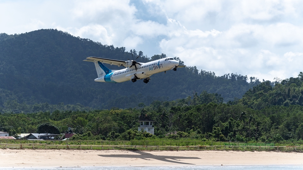 緑豊かな山々が背景に広がる海岸沿いの上空を、白い機体に青い尾翼のデザインが施されたプロペラ飛行機が離陸して飛行している様子