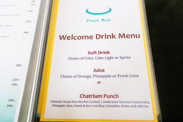 Welcome drink ticket: pool bar menu