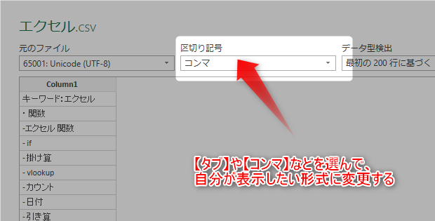 コンマとタブの区切り記号