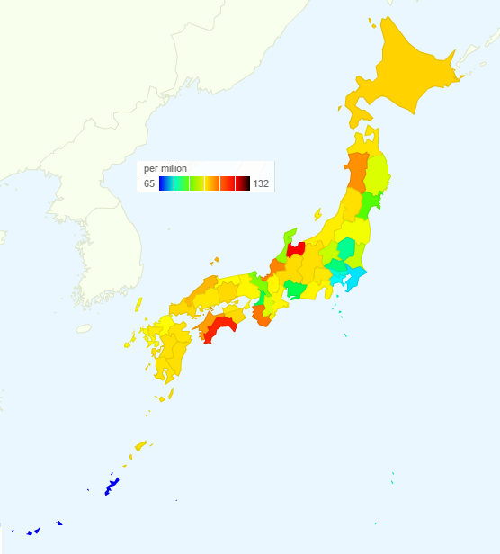 Rate of Deaths from Malignant Lymphoma by Prefecture in Japan, 2015