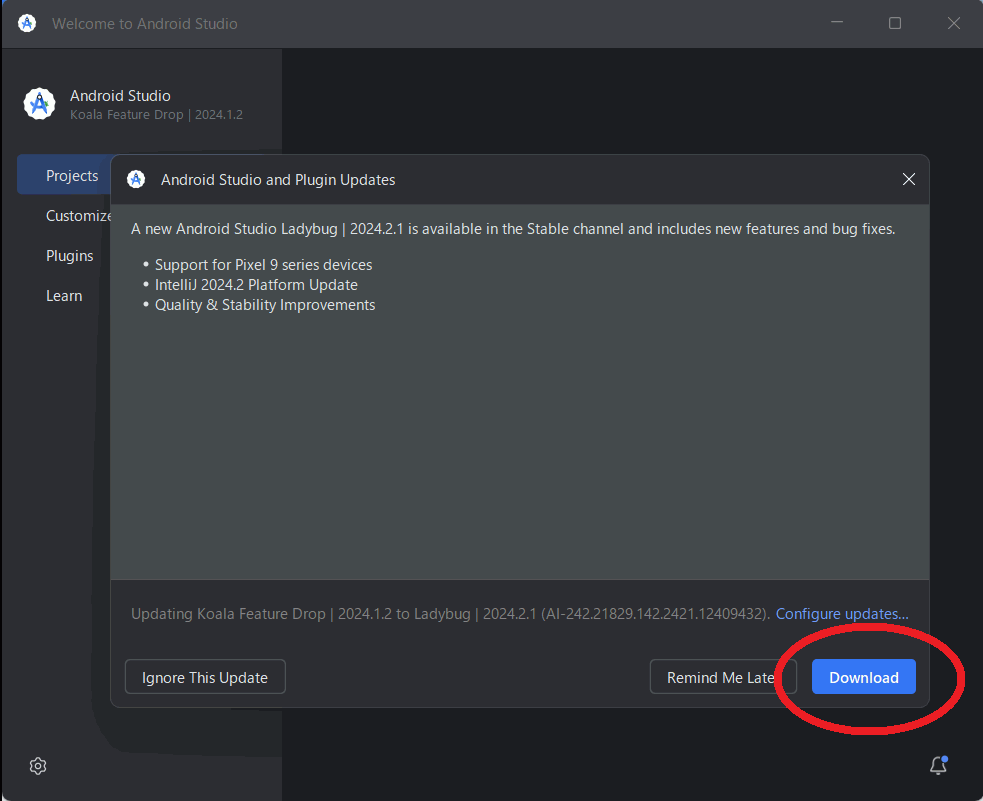 Android Studioをアップデートしようとするとブラウザが開く - 365連休