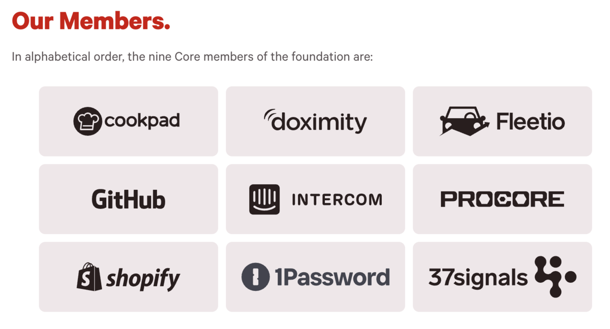 Rails Foundation のコアメンバーの一覧です。掲載されているのは、Cookpad、Doximity、Fleetio、GitHub、Intercom、Procore、Shopify、1Password、37signals です。