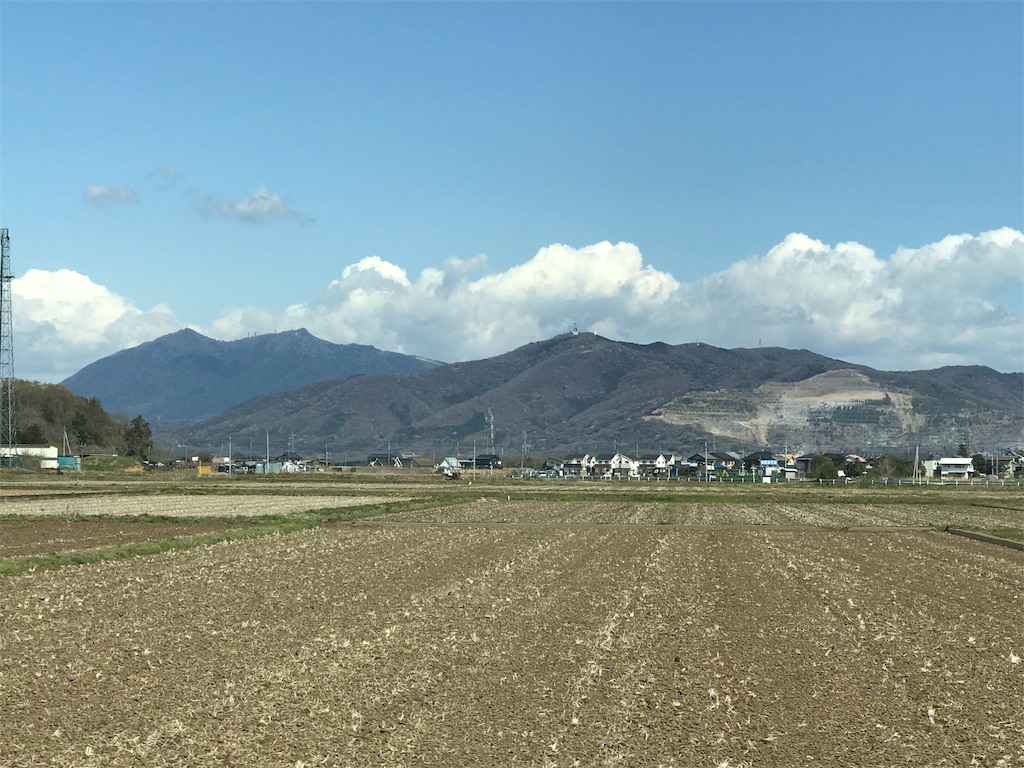 遠方から見たつくば山と宝篋山