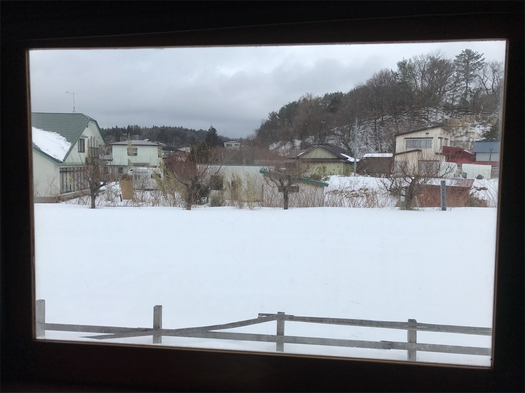 走る列車の車窓から見える雪景色。