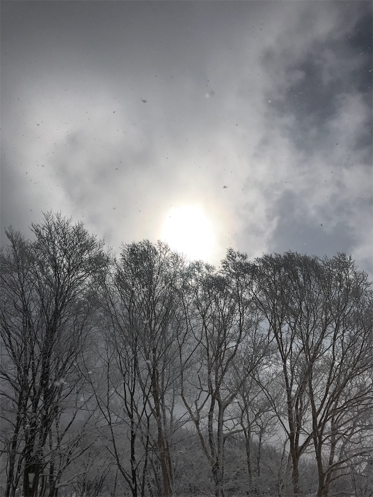 雪雲の向こうに覗く太陽と舞う雪。