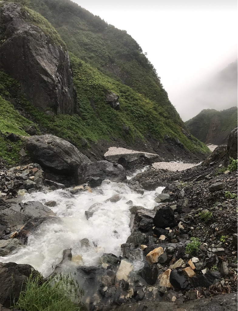 勢いよく流れる雪解けと雨水。