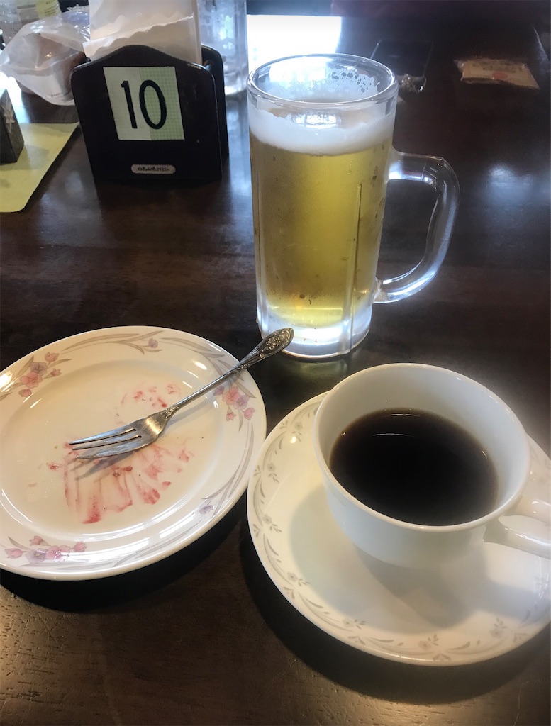 夕食前にケーキとコーヒーと頂き物のビールです。