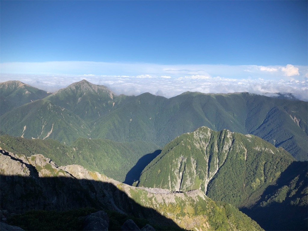 常念岳から蝶ヶ岳の稜線。