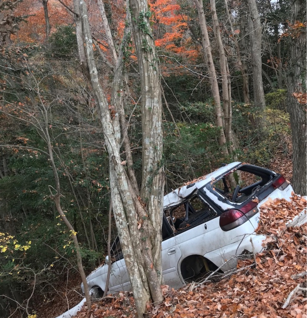 ガケから落ちたままの乗用車。