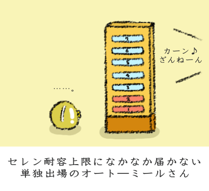セレン耐容上限になかなか届かない単独出場のオート―ミールさん セレン耐容上限になかなか届かない単独出場のオート―ミールさん