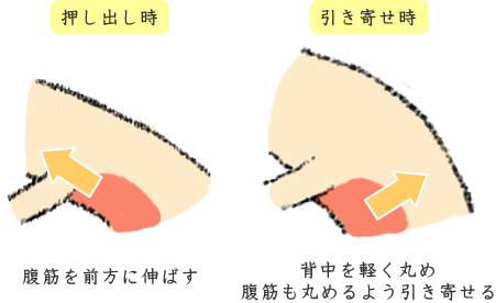 背筋で伸張しないよう、背中を少し丸める 背筋で伸張しないよう、背中を少し丸める
