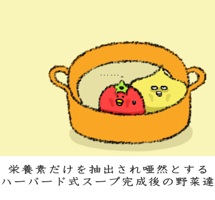 栄養素だけを抽出され唖然とするハーバード式スープ完成後の野菜達 栄養素だけを抽出され唖然とするハーバード式スープ完成後の野菜達