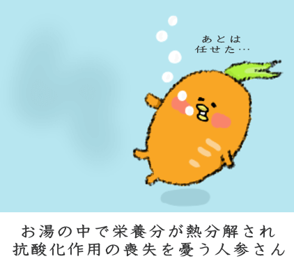 お湯の中で栄養分が熱分解され抗酸化作用の喪失を憂う人参さん お湯の中で栄養分が熱分解され抗酸化作用の喪失を憂う人参さん