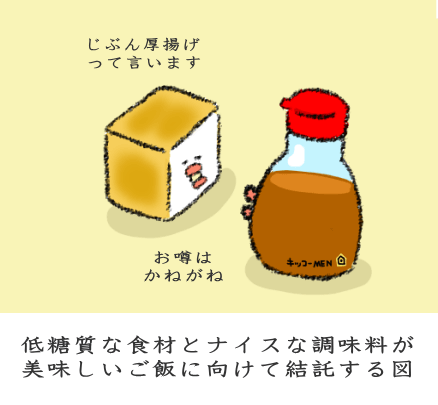 低糖質な食材と調味料が仲良くする図 低糖質な食材と調味料が仲良くする図