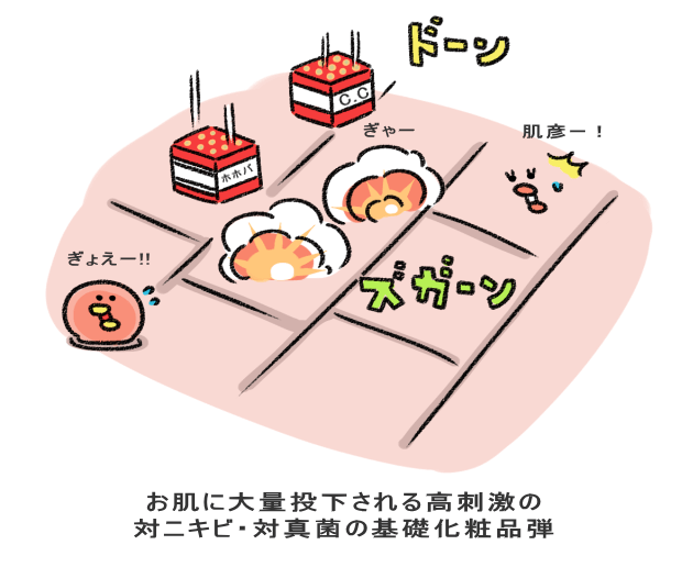 お肌に大量投下される高刺激の 対ニキビ・対真菌の基礎化粧品弾