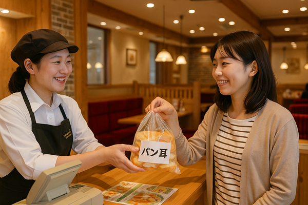 レジで店員さんが「パン耳」の袋を手渡している写真