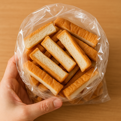 上から覗いたパン耳の袋。中身がぎっしり見える