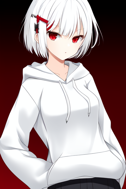 a beautiful girl white hair short hair red eyes 2 red hairpins small breasts hoodie