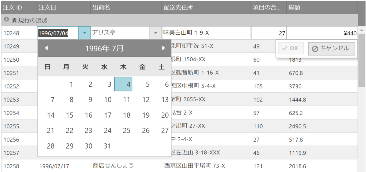 UIコントロール選択ガイド - データグリッド - セルの編集 – 列タイプに応じた専用エディター