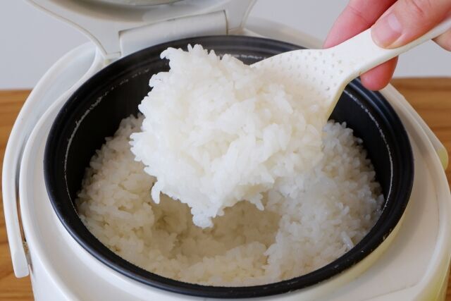 しゃもじで炊飯器のご飯をすくうところ